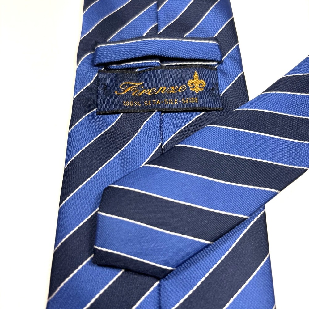 Firenze Mens Luxury Tie Blue w/ Navy & White Diagonal Stripes 100% Silk Repp 60" - Picture 5 of 5